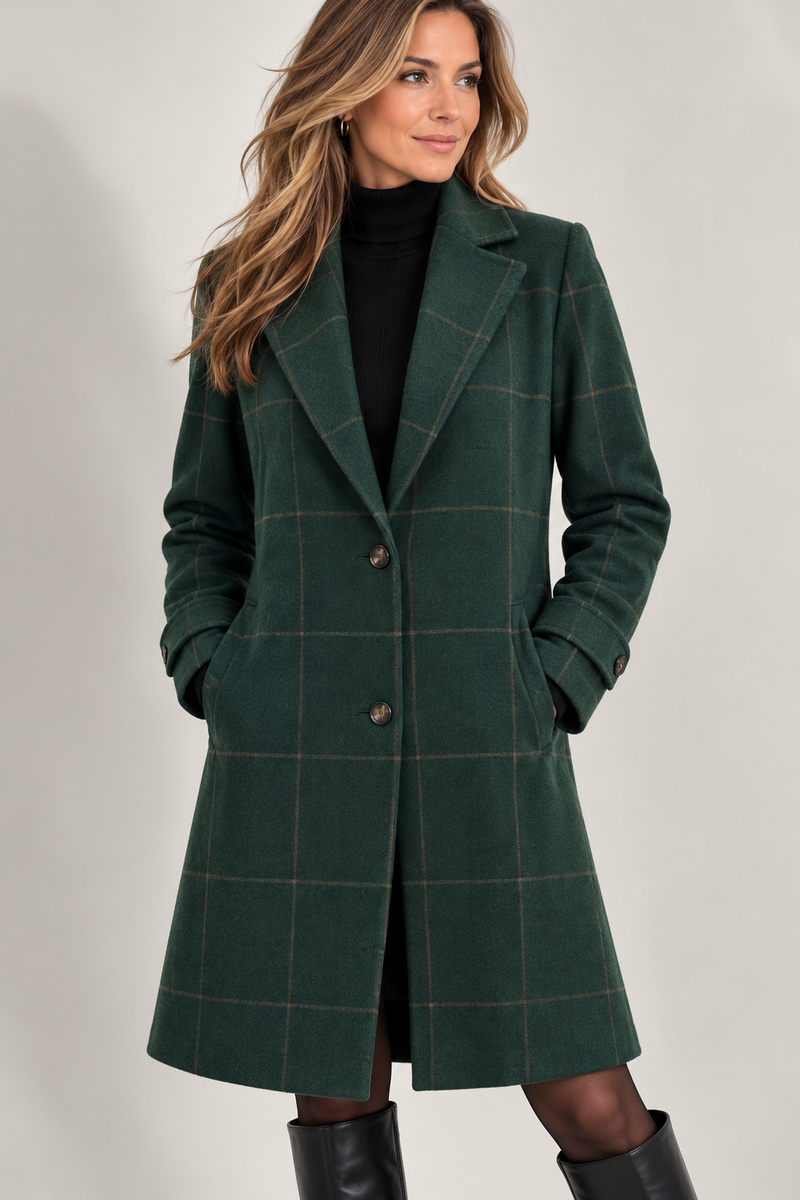 Women's check coat with a notch lapel and flap pockets - dark green