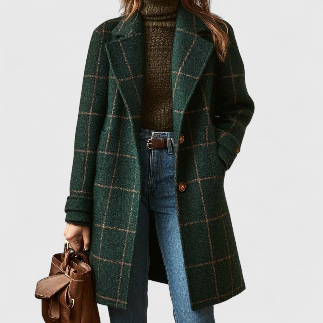 Women's wool-look check coat with notch lapels and flap pockets - forest green