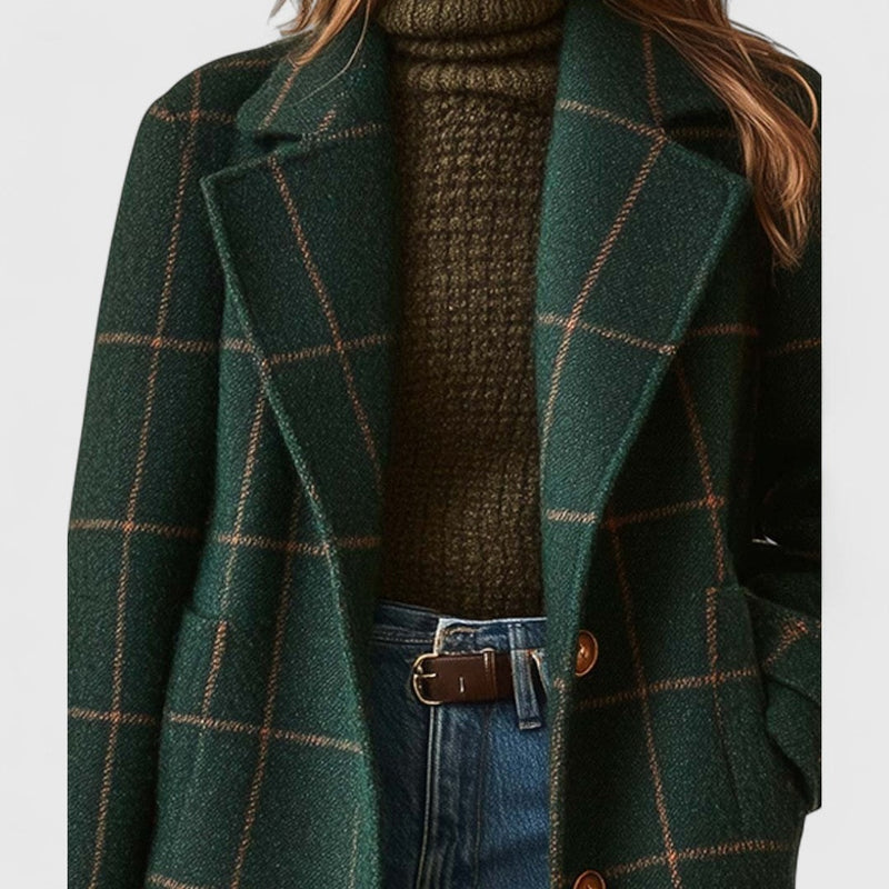 Women's wool-look check coat with notch lapels and flap pockets - forest green