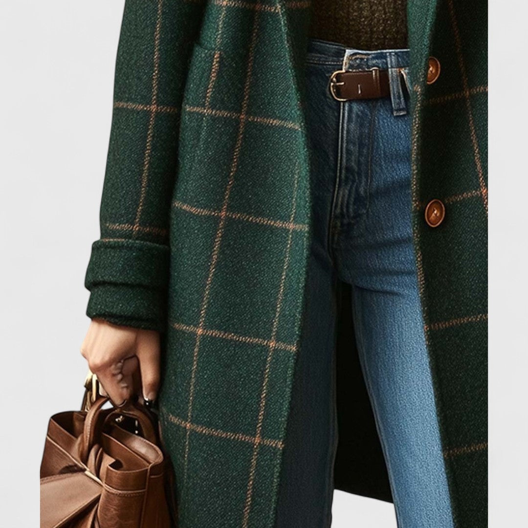 Women's wool-look check coat with notch lapels and flap pockets - forest green