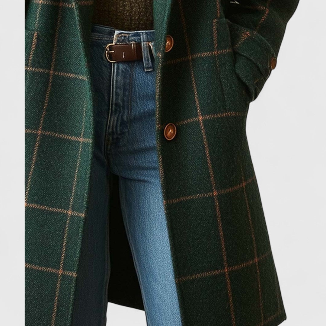 Women's wool-look check coat with notch lapels and flap pockets - forest green
