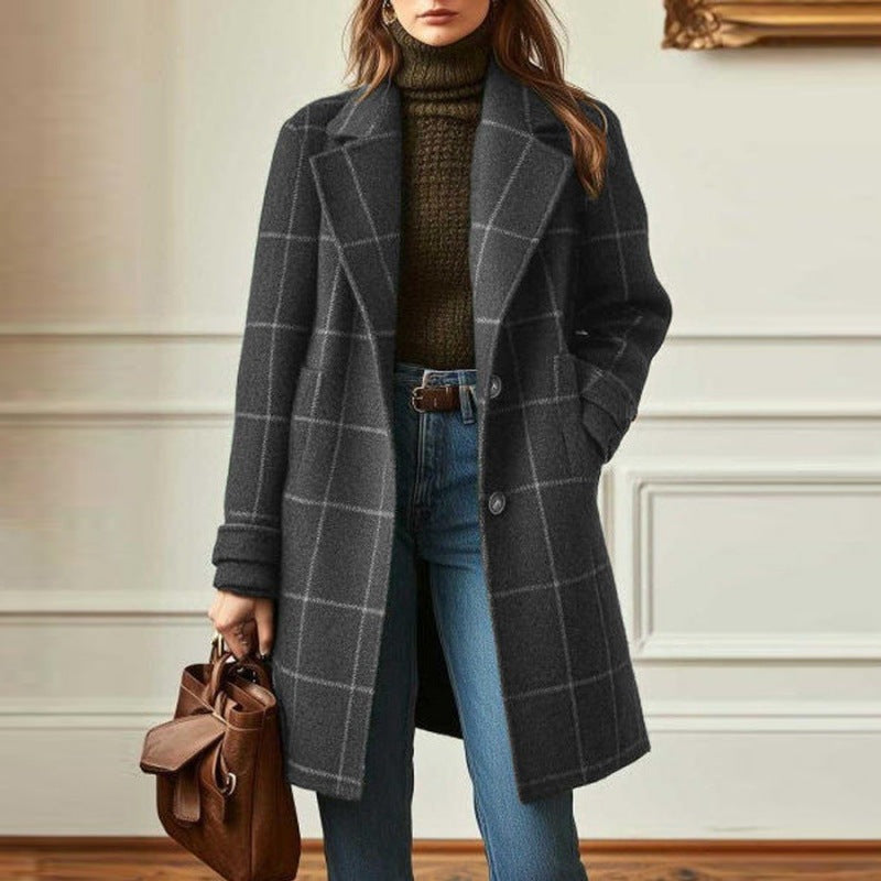 Women's wool-look check coat with notch lapels and flap pockets - charcoal