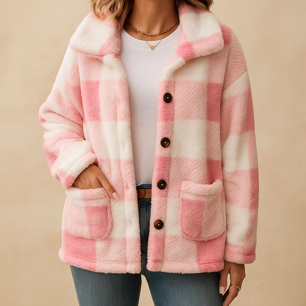 Women's checked teddy jacket with a shirt collar and patch pockets - pink check