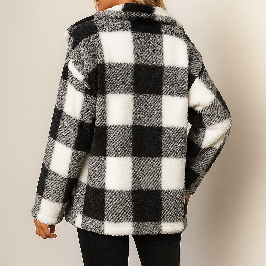 Women's checked teddy jacket with a shirt collar and patch pockets