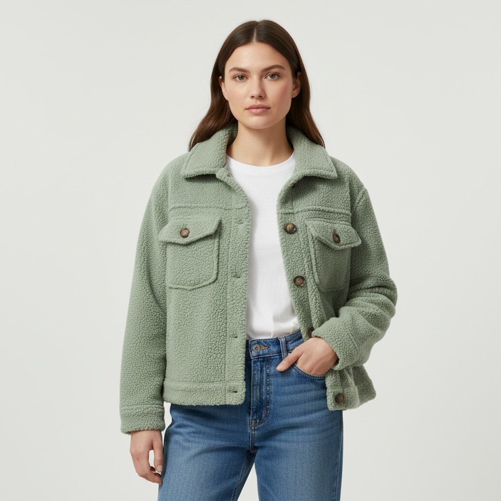 Teddy shacket with a shirt collar, button front and flap pockets