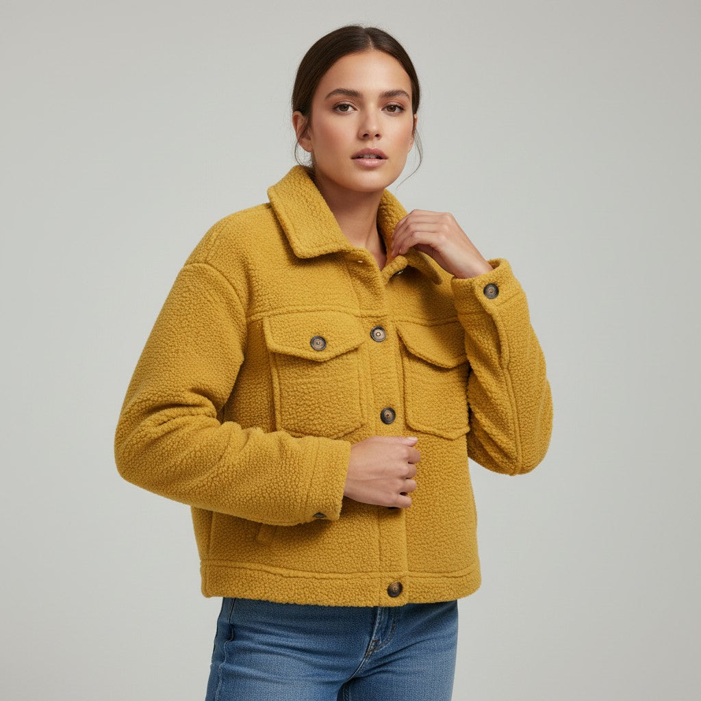 Teddy shacket with a shirt collar, button front and flap pockets