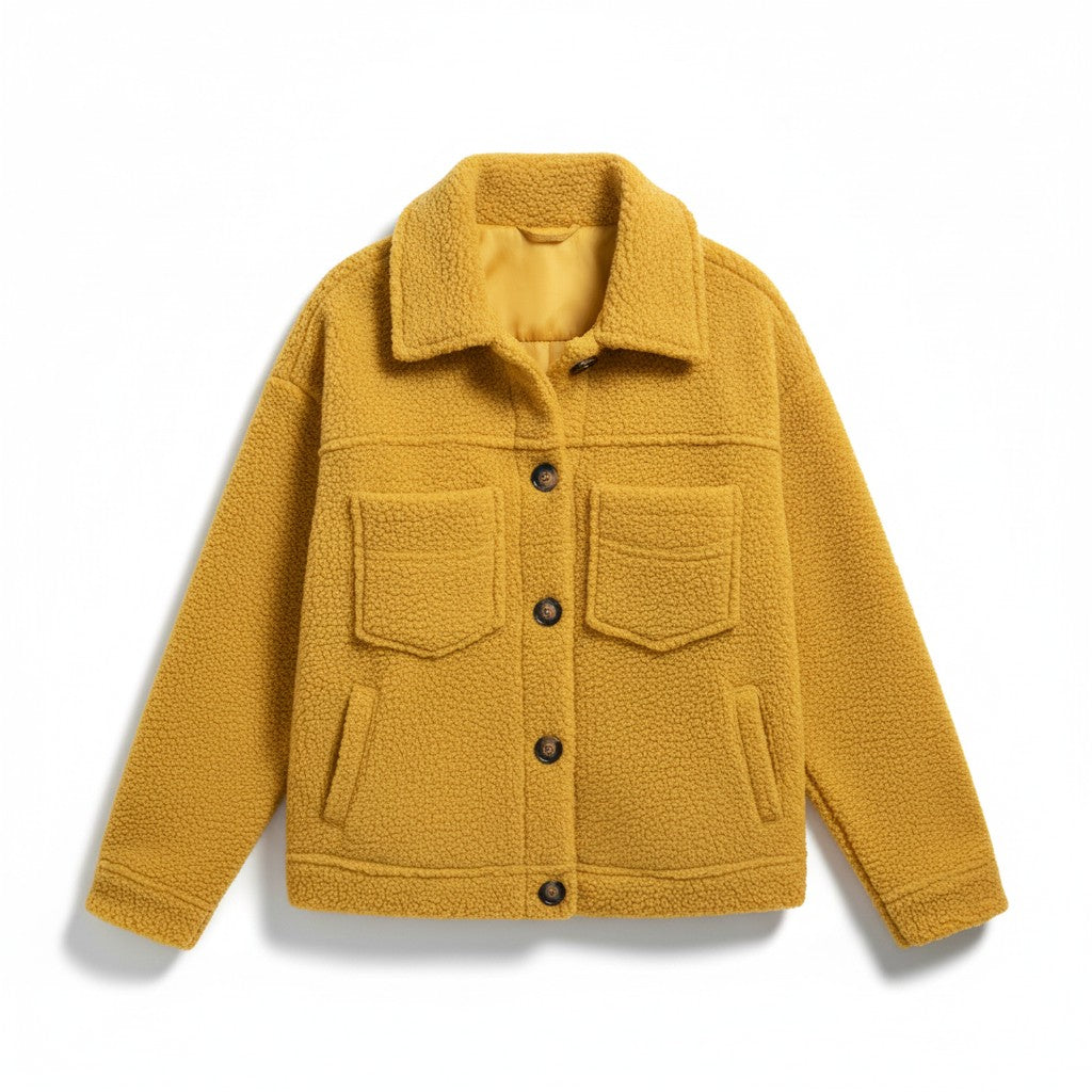 Teddy shacket with a shirt collar, button front and flap pockets