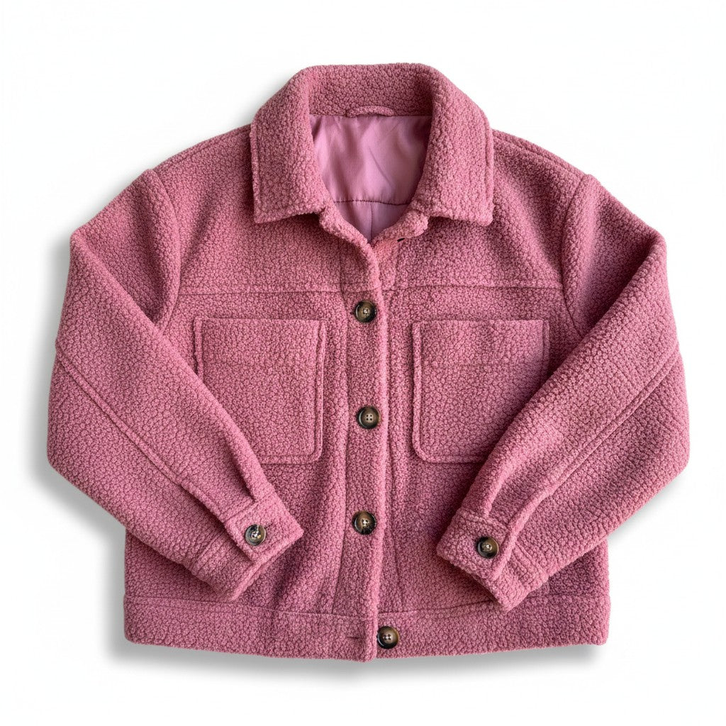 Teddy shacket with a shirt collar, button front and flap pockets