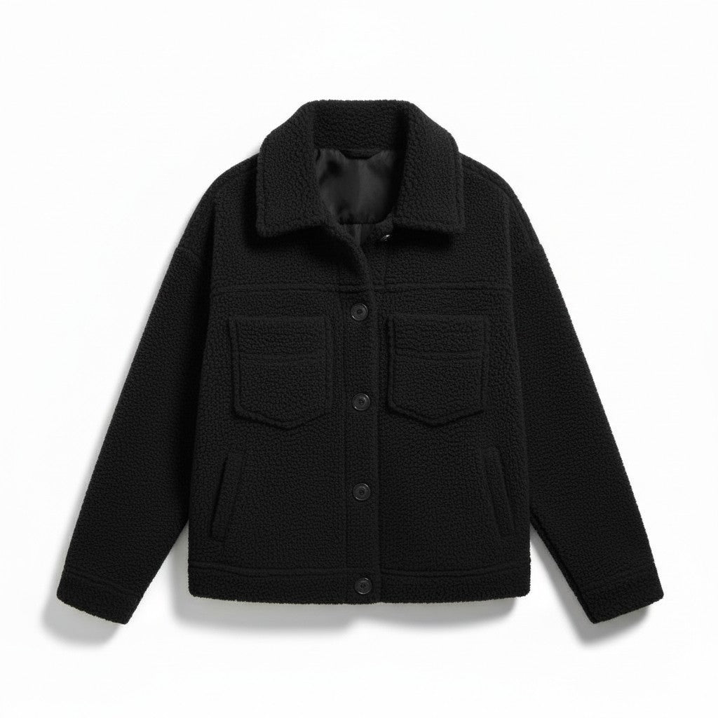 Teddy shacket with a shirt collar, button front and flap pockets