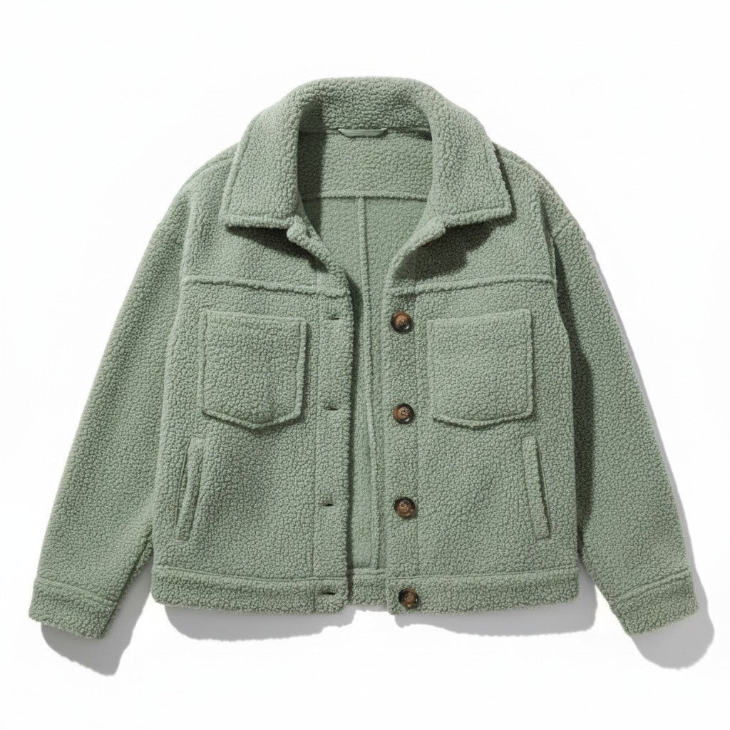 Teddy shacket with a shirt collar, button front and flap pockets