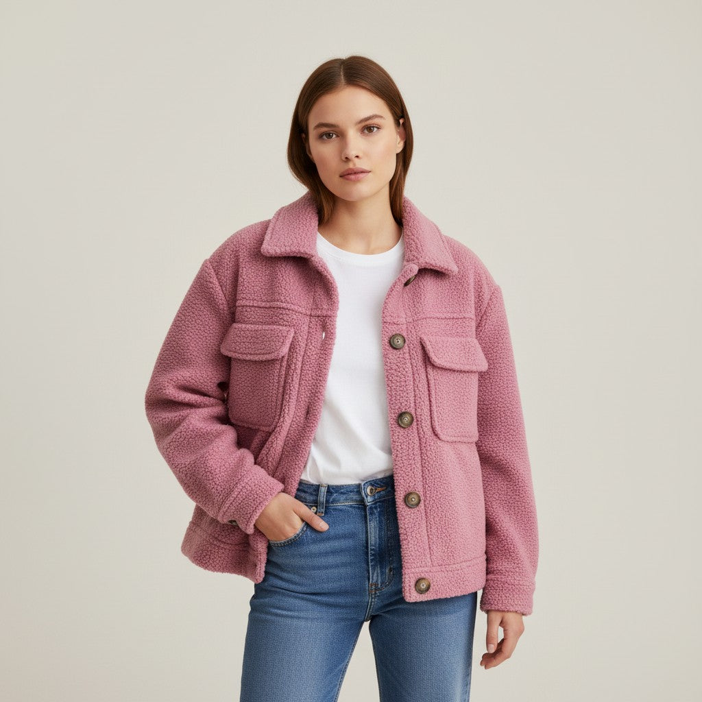 Teddy shacket with a shirt collar, button front and flap pockets in pink