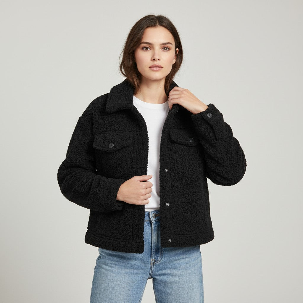 Teddy shacket with a shirt collar, button front and flap pockets in black