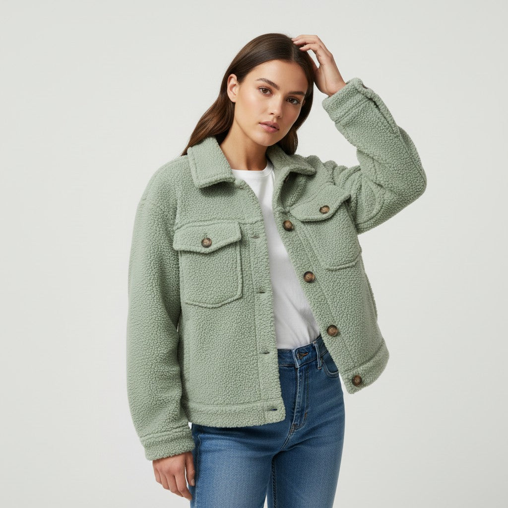 Teddy shacket with a shirt collar, button front and flap pockets in green