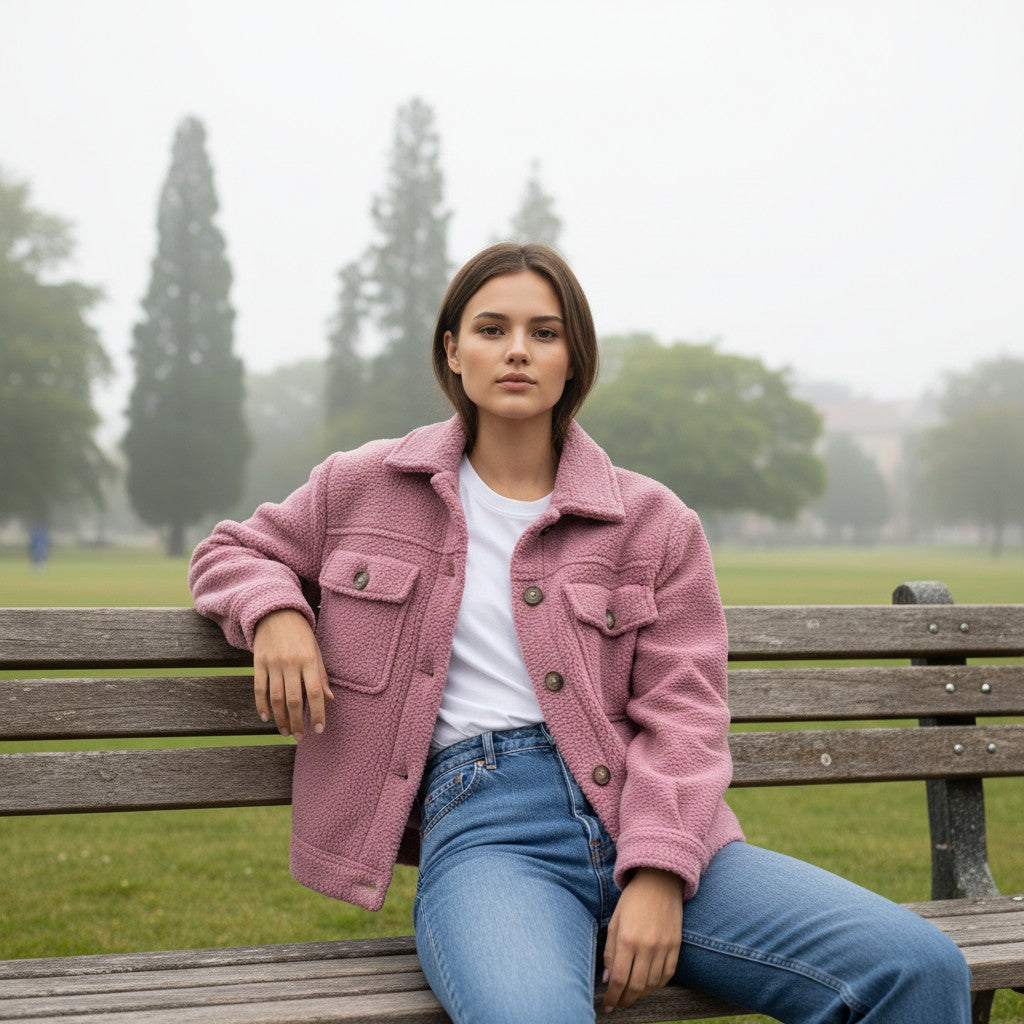 Teddy shacket with a shirt collar, button front and flap pockets