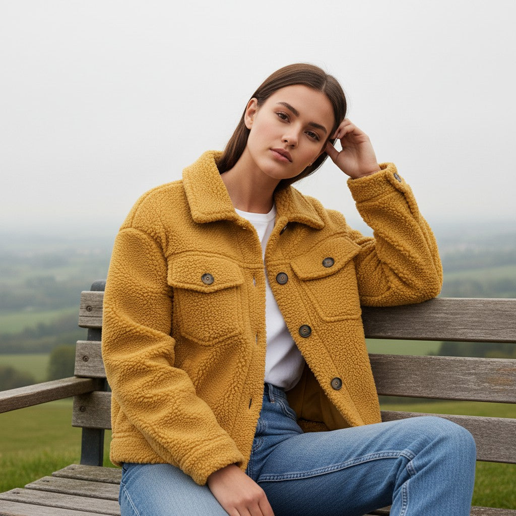 Teddy shacket with a shirt collar, button front and flap pockets