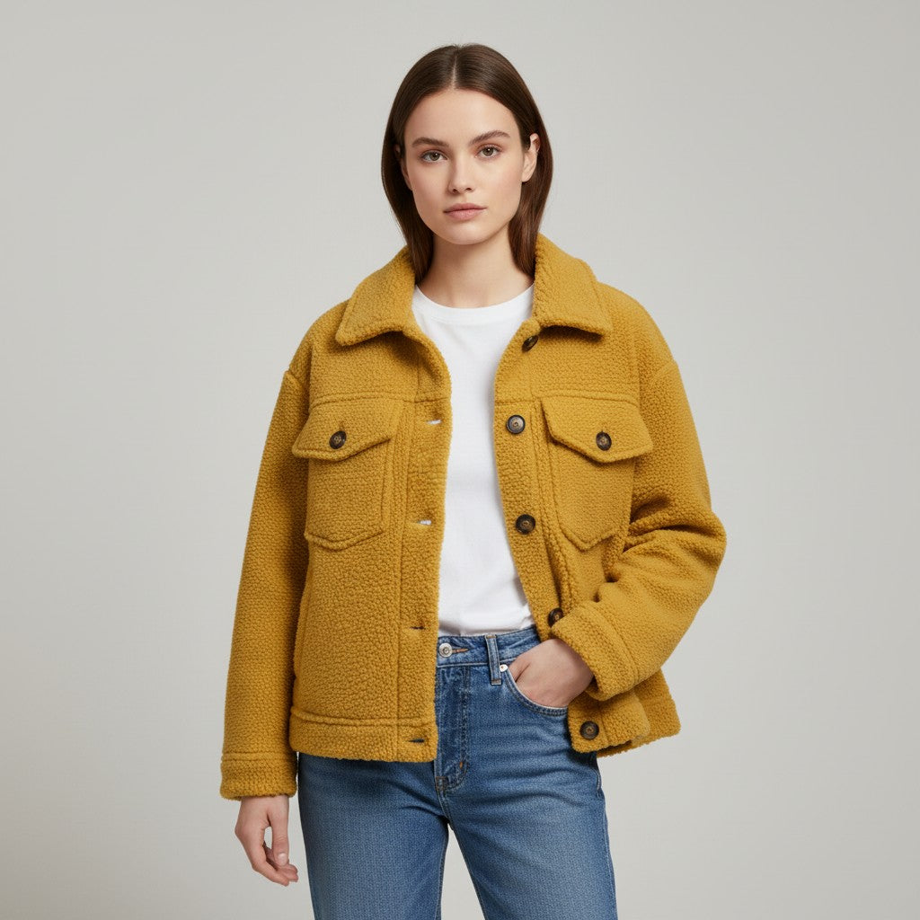 Teddy shacket with a shirt collar, button front and flap pockets
