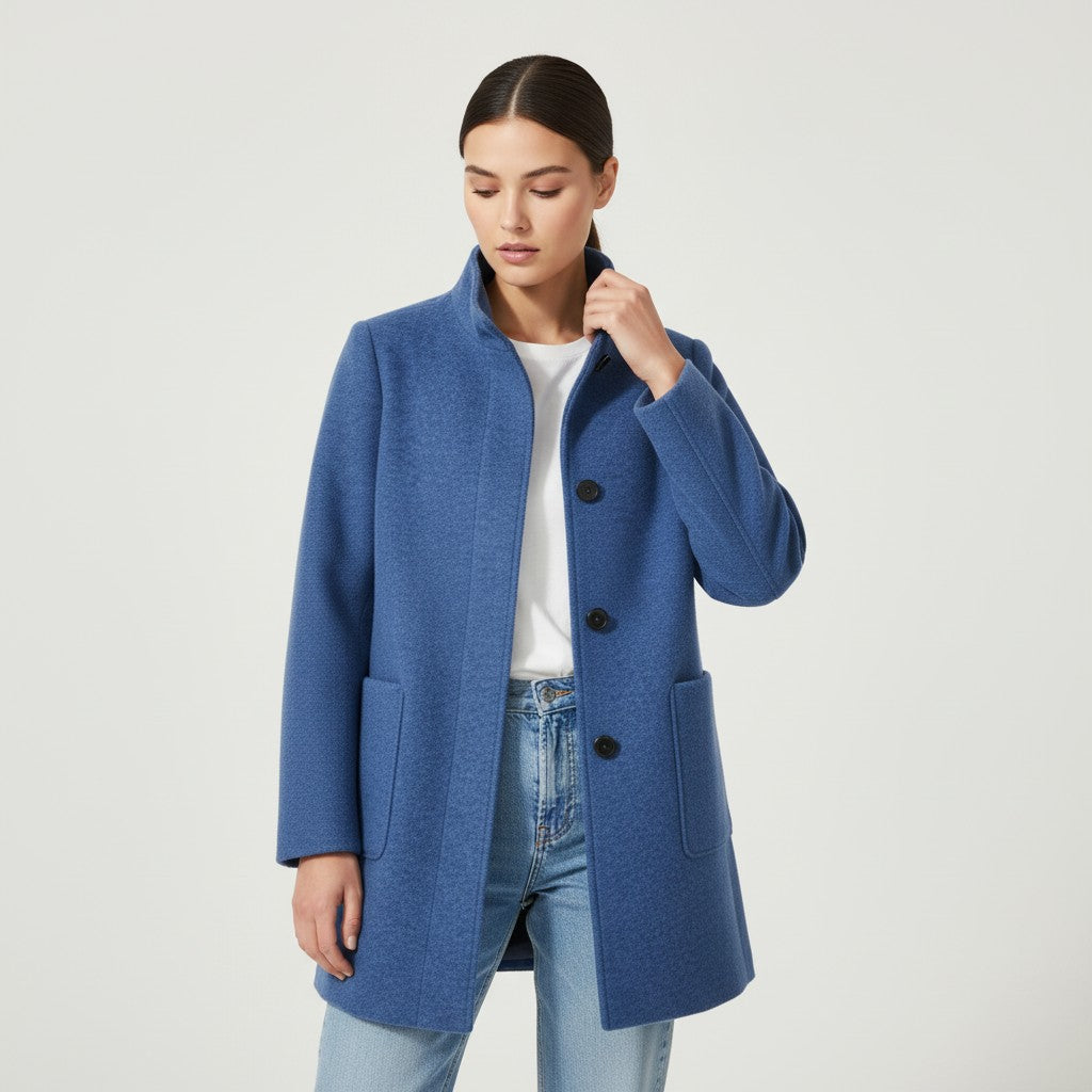Knee-length single-breasted coat with a stand collar and patch pockets