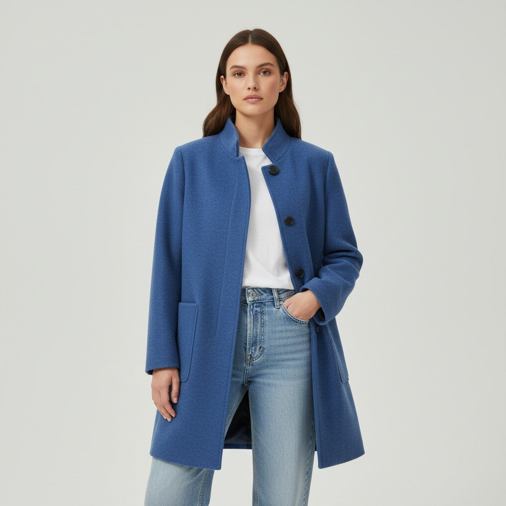 Knee-length single-breasted coat with a stand collar and patch pockets