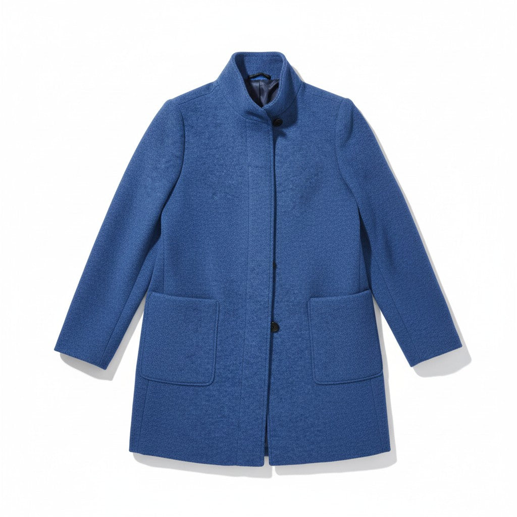 Knee-length single-breasted coat with a stand collar and patch pockets