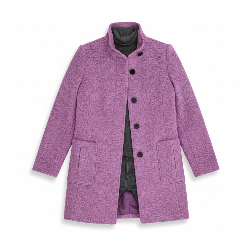 Knee-length single-breasted coat with a stand collar and patch pockets