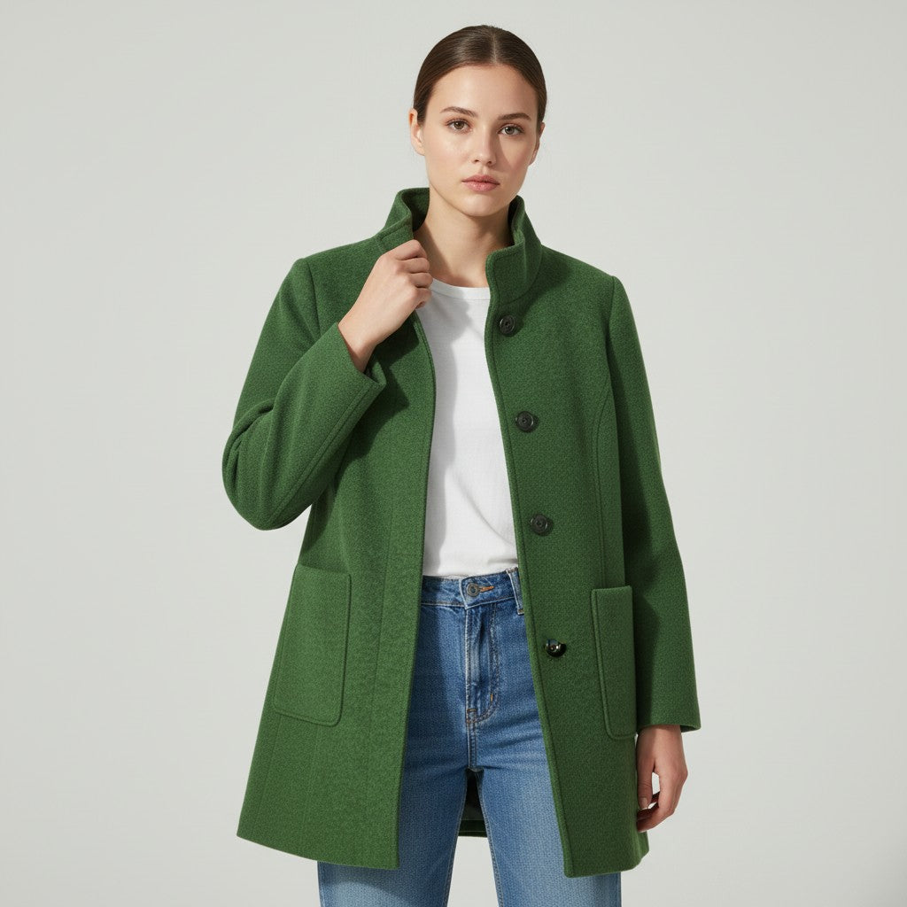 Knee-length single-breasted coat with a stand collar and patch pockets in green