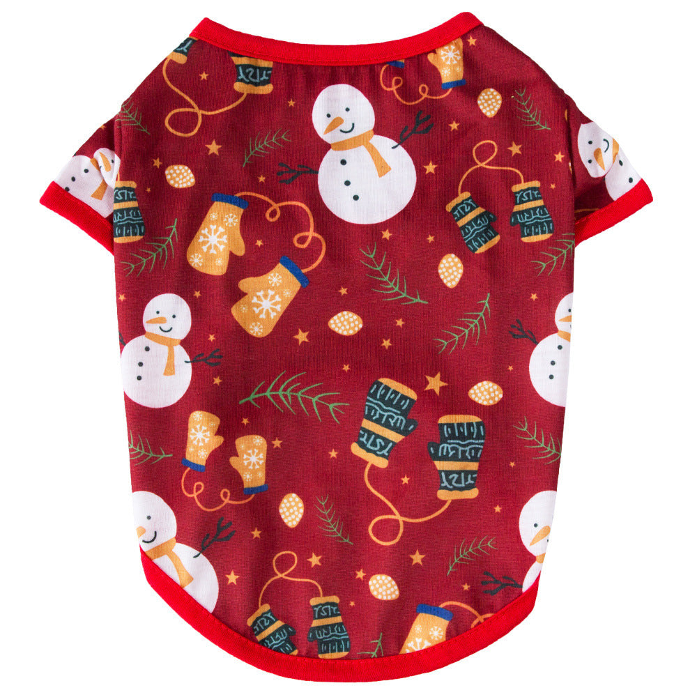Christmas T-shirt for dogs with short sleeves and an all-over festive print - burgundy snowman