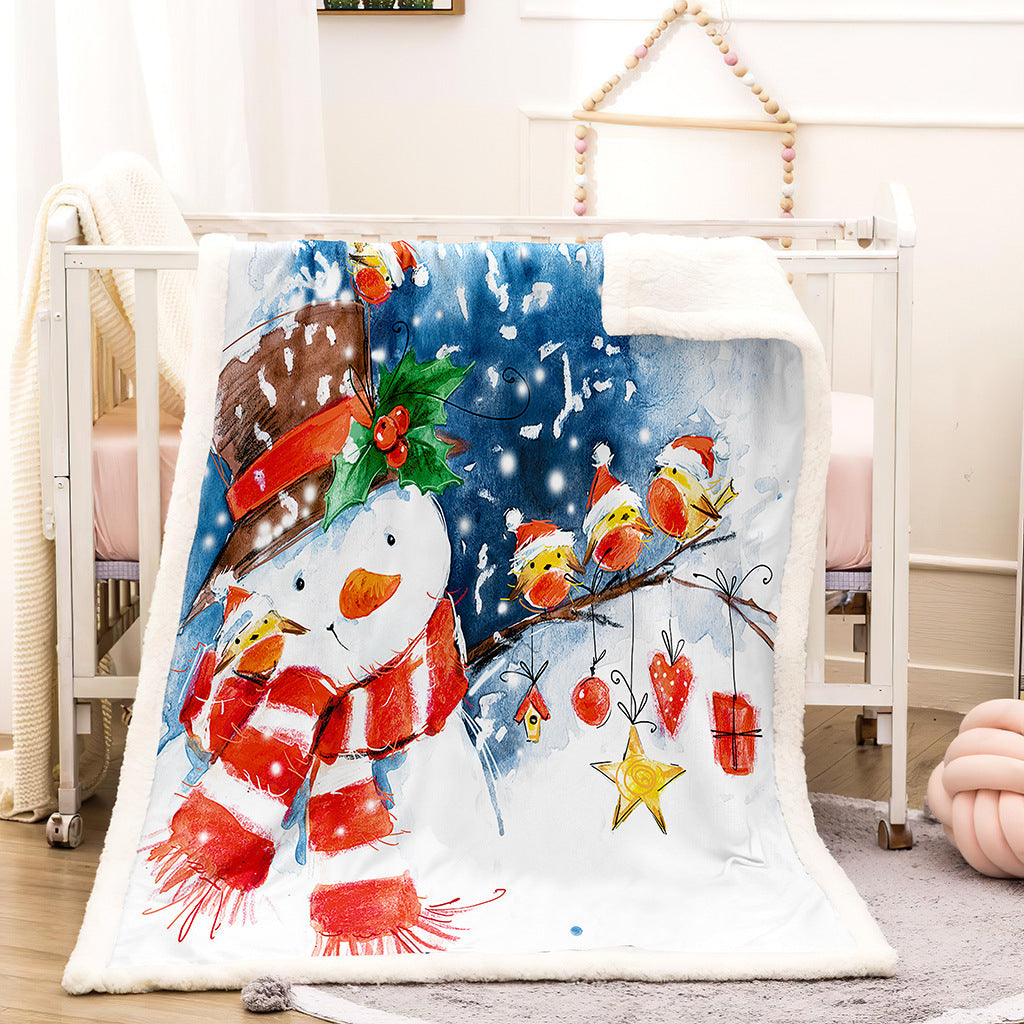Christmas fleece throw blanket with a printed front and white teddy reverse - snowman and robins