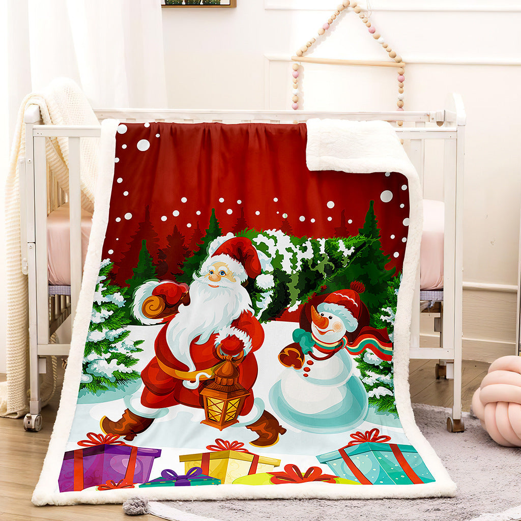 Christmas fleece throw blanket with a printed front and white teddy reverse - father christmas with lantern