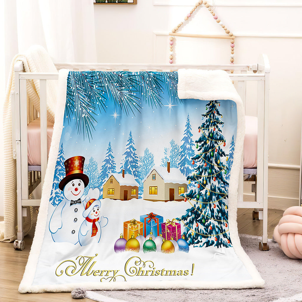 Christmas fleece throw blanket with a printed front and white teddy reverse - snowy christmas village