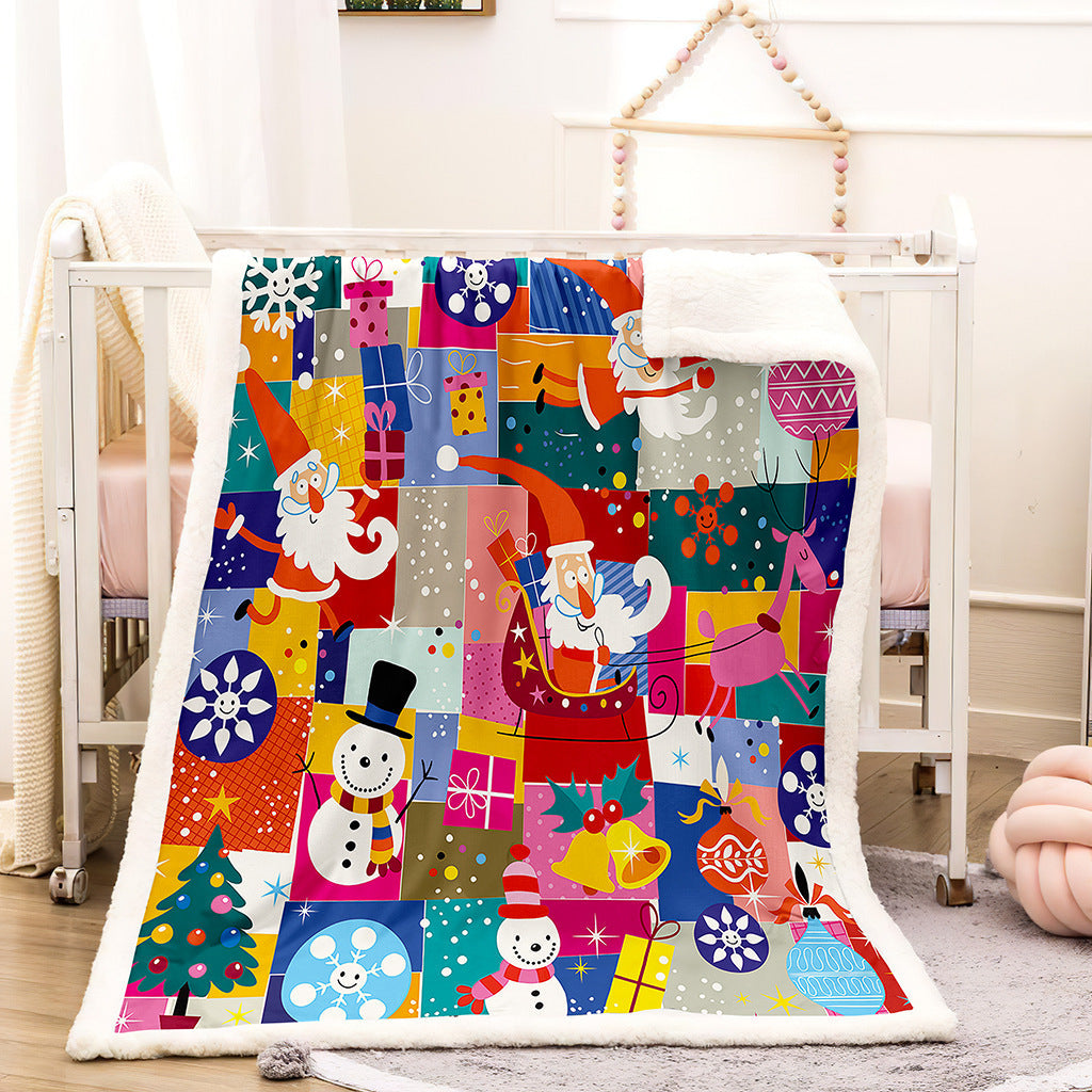 Christmas fleece throw blanket with a printed front and white teddy reverse - christmas patchwork