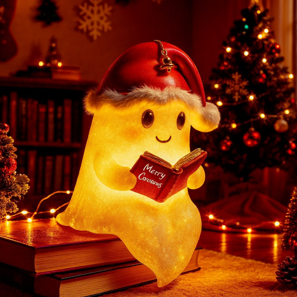White ghost lamp in a red Santa hat with a bell, holding a red book and glowing warm yellow