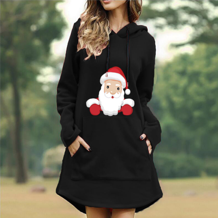 Women's Christmas hoodie dress with Father Christmas print and hood - black