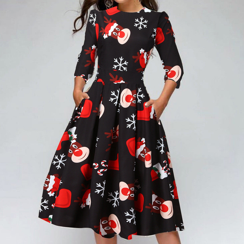 Women's Christmas midi dress with three-quarter sleeves and pleated skirt - black reindeer