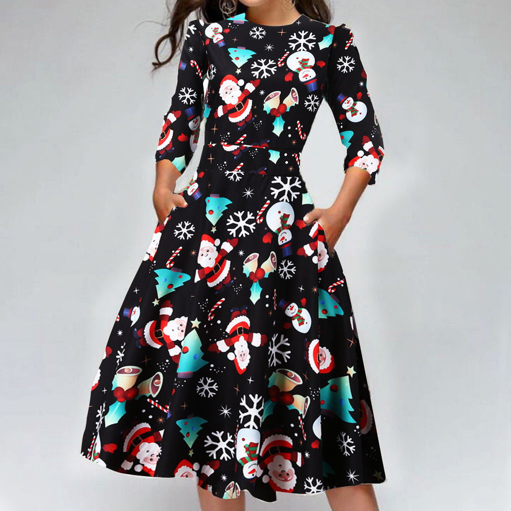 Women's Christmas midi dress with three-quarter sleeves and pleated skirt - black father christmas