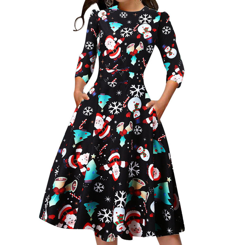 Women's Christmas midi dress with three-quarter sleeves and pleated skirt