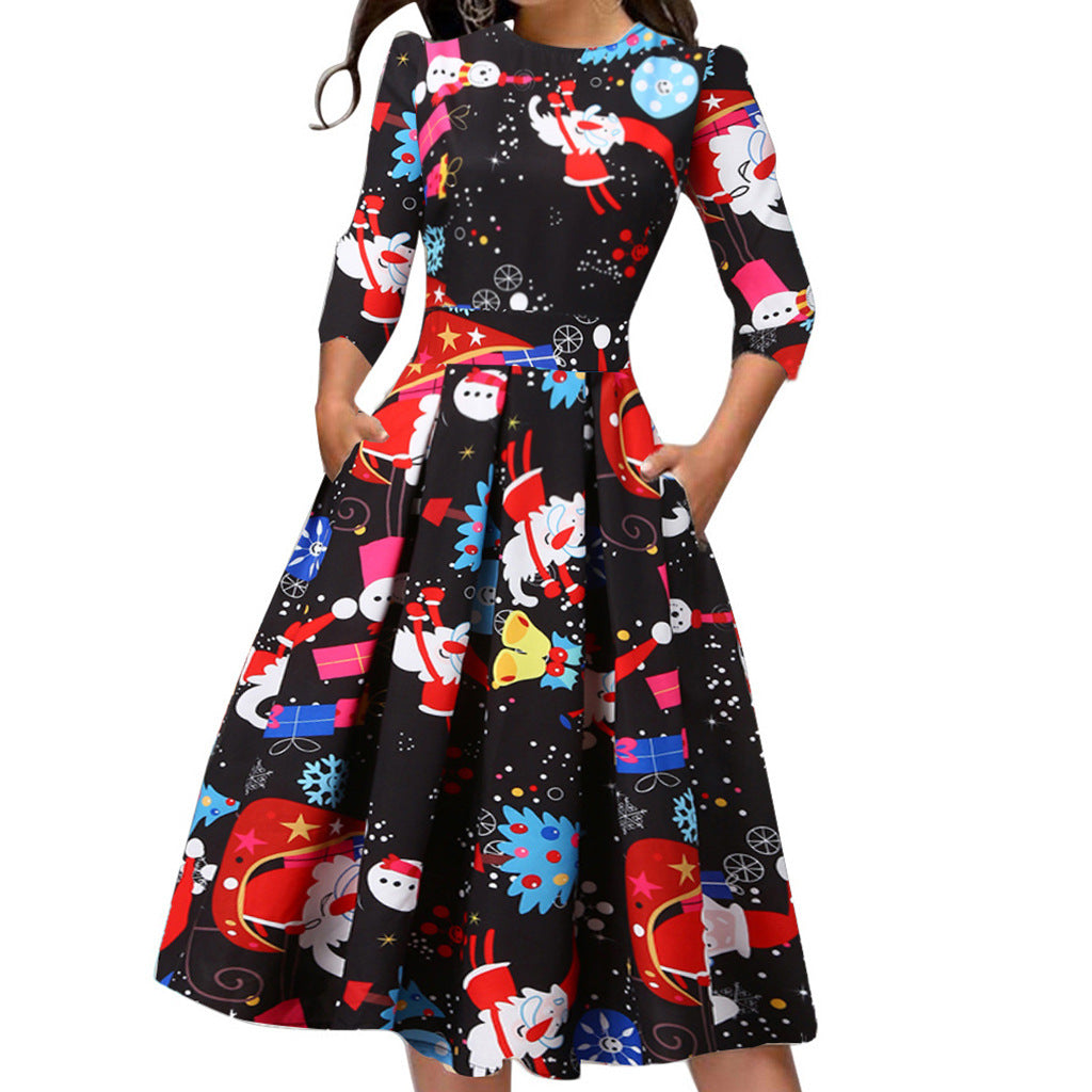 Women's Christmas midi dress with three-quarter sleeves and pleated skirt