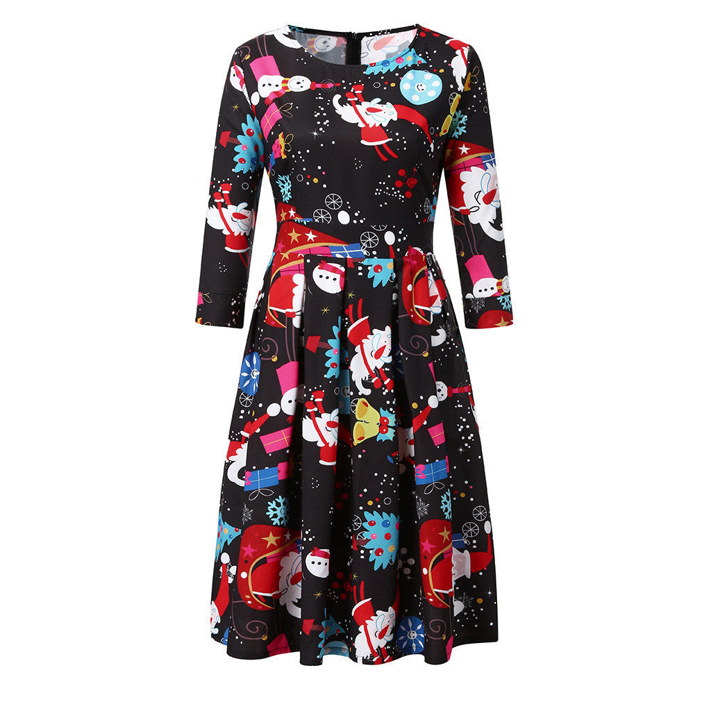 Women's Christmas midi dress with three-quarter sleeves and pleated skirt
