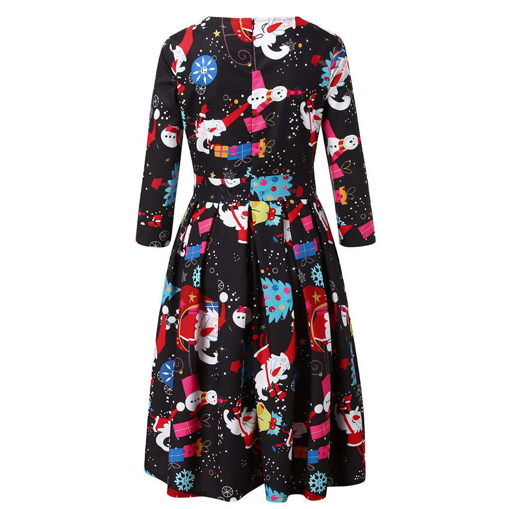 Women's Christmas midi dress with three-quarter sleeves and pleated skirt