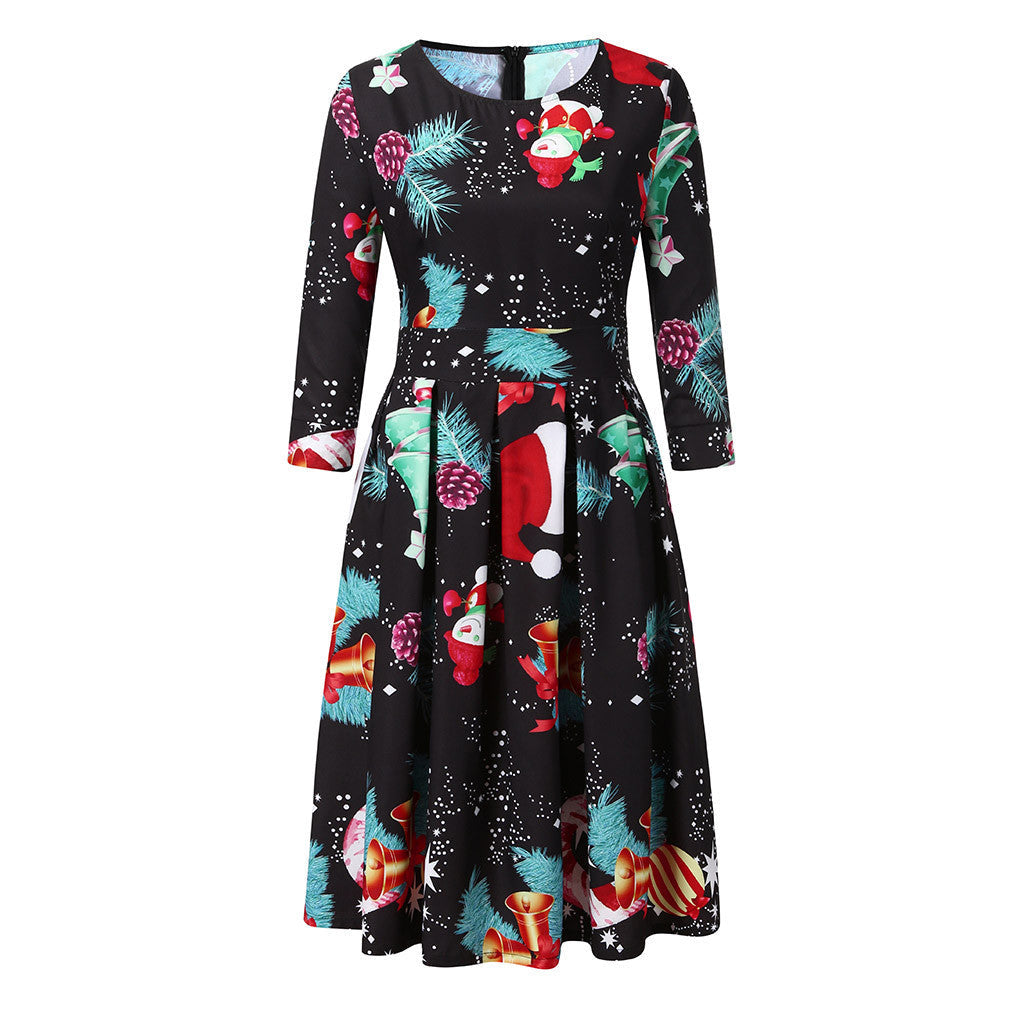 Women's Christmas midi dress with three-quarter sleeves and pleated skirt