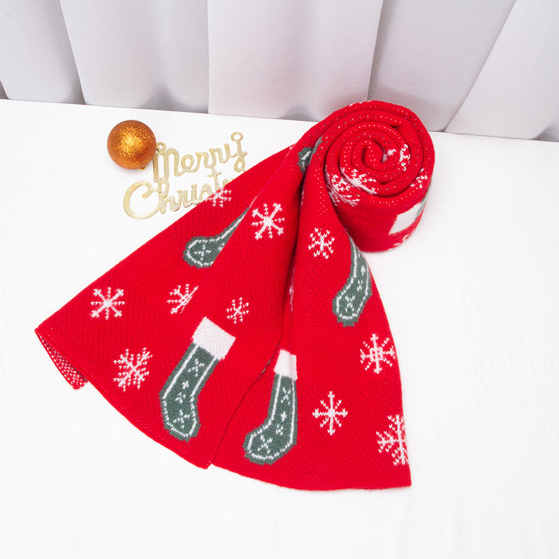 Knitted Christmas scarf with stockings or Father Christmas and snowflakes - red christmas stockings