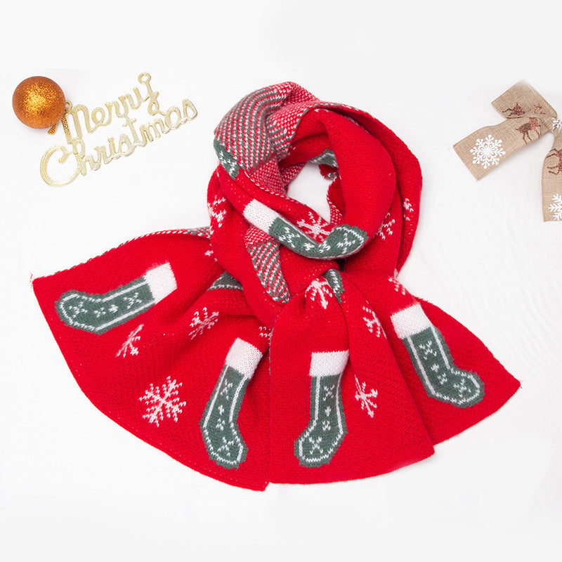 Knitted Christmas scarf with stockings or Father Christmas and snowflakes