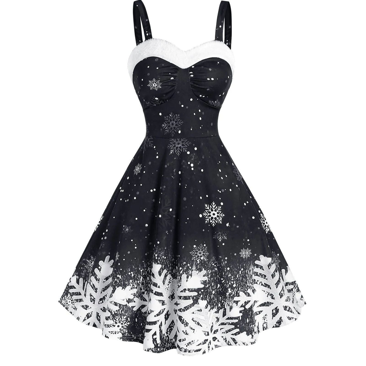 Women's Christmas skater dress with straps, white plush trim and snowflake print - black