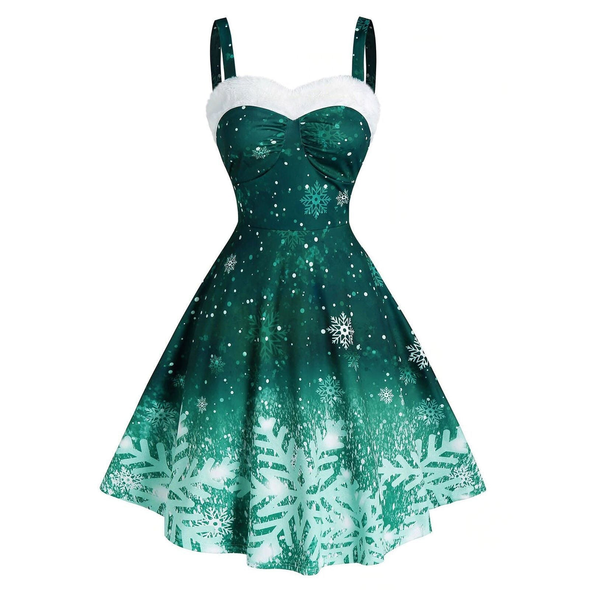 Women's Christmas skater dress with straps, white plush trim and snowflake print