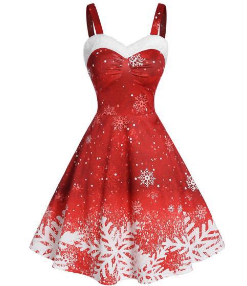 Women's Christmas skater dress with straps, white plush trim and snowflake print - red