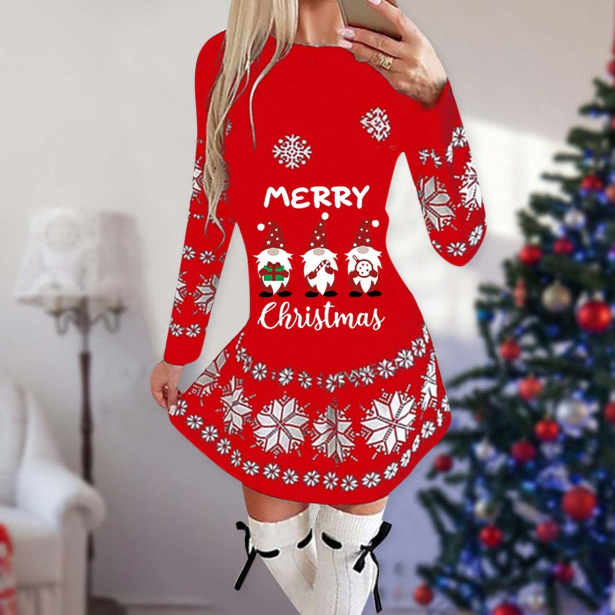 Women's short Christmas skater dress with long sleeves and a festive print - red christmas gnomes