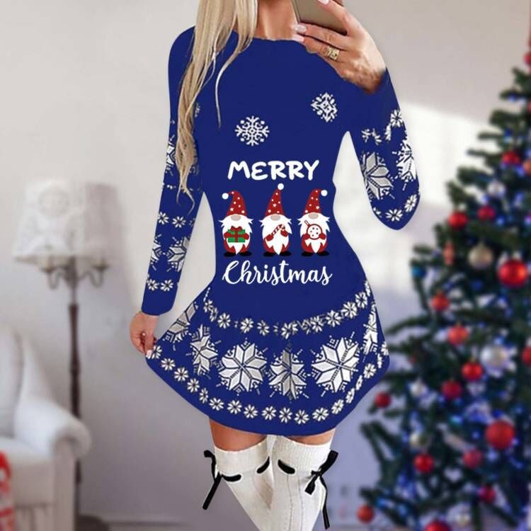 Women's short Christmas skater dress with long sleeves and a festive print - blue christmas gnomes