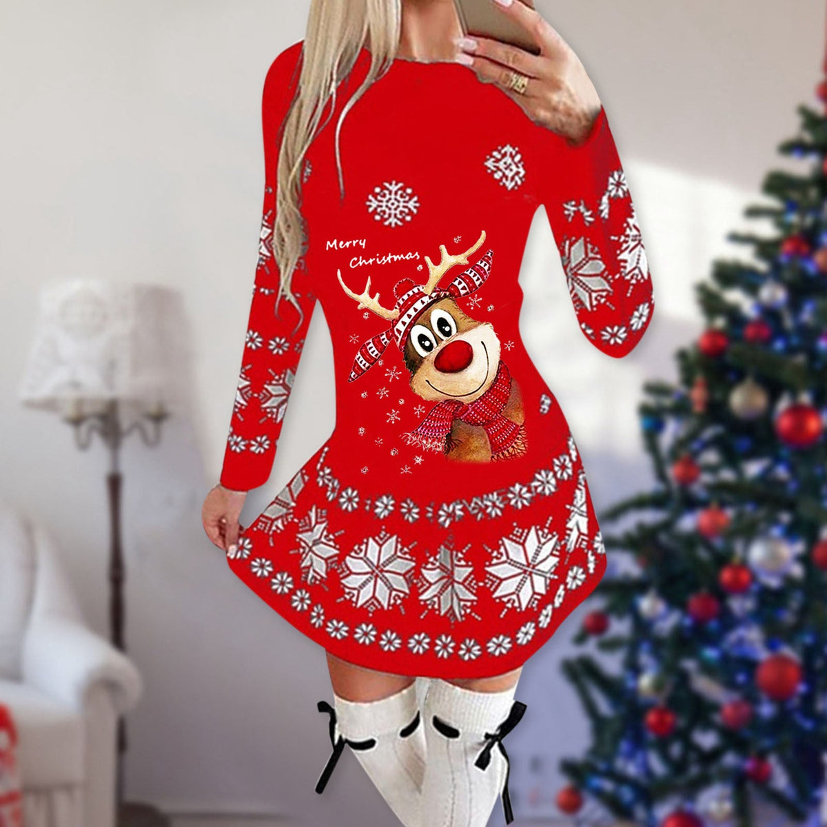 Women's short Christmas skater dress with long sleeves and a festive print - red reindeer with scarf