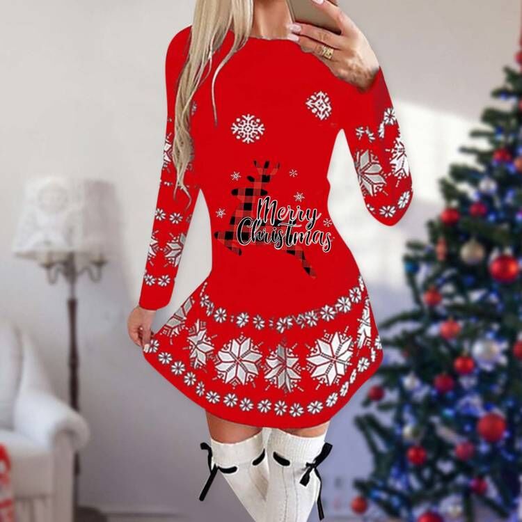 Women's short Christmas skater dress with long sleeves and a festive print - red check reindeer