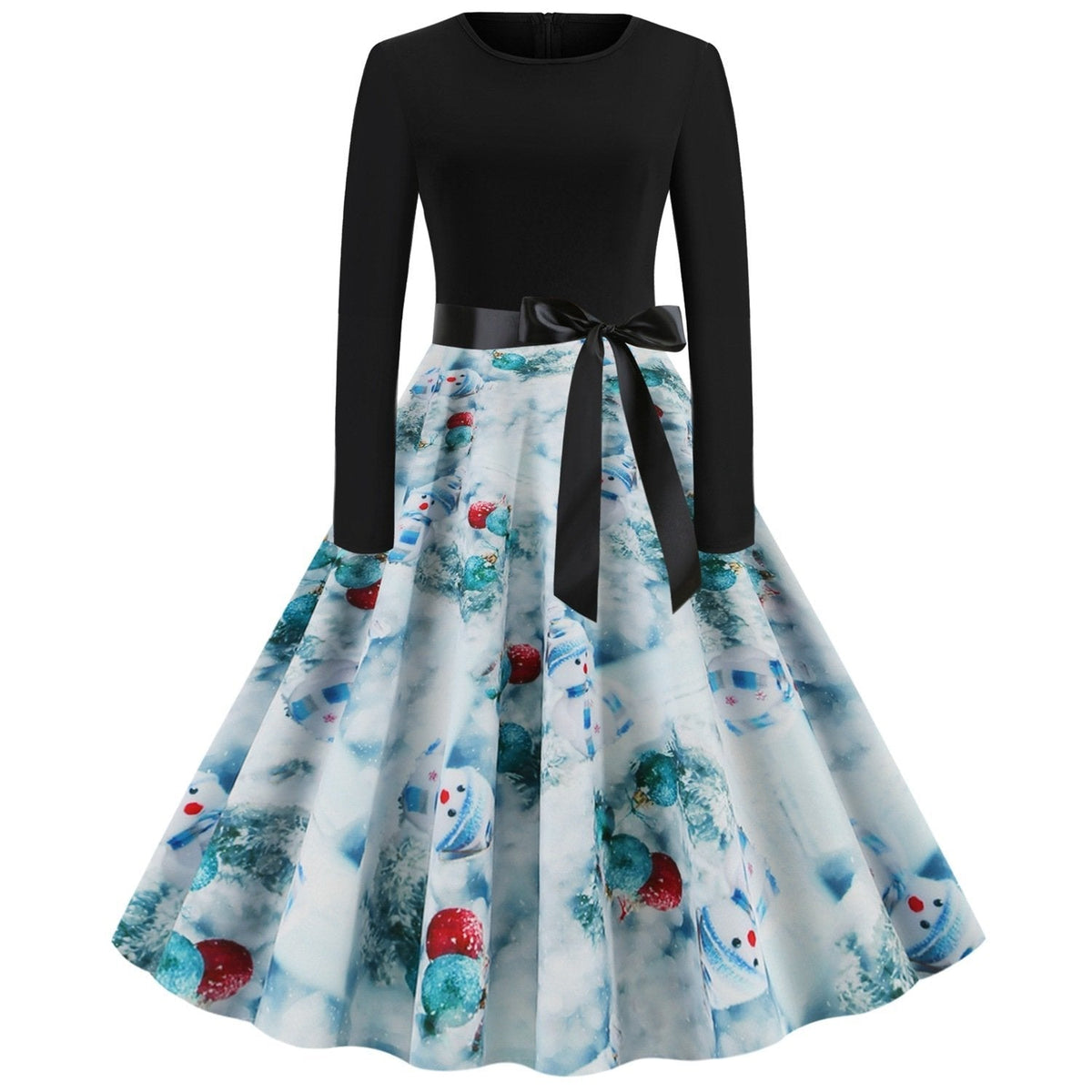 Women's Christmas swing dress with black bodice, bow belt and festive print