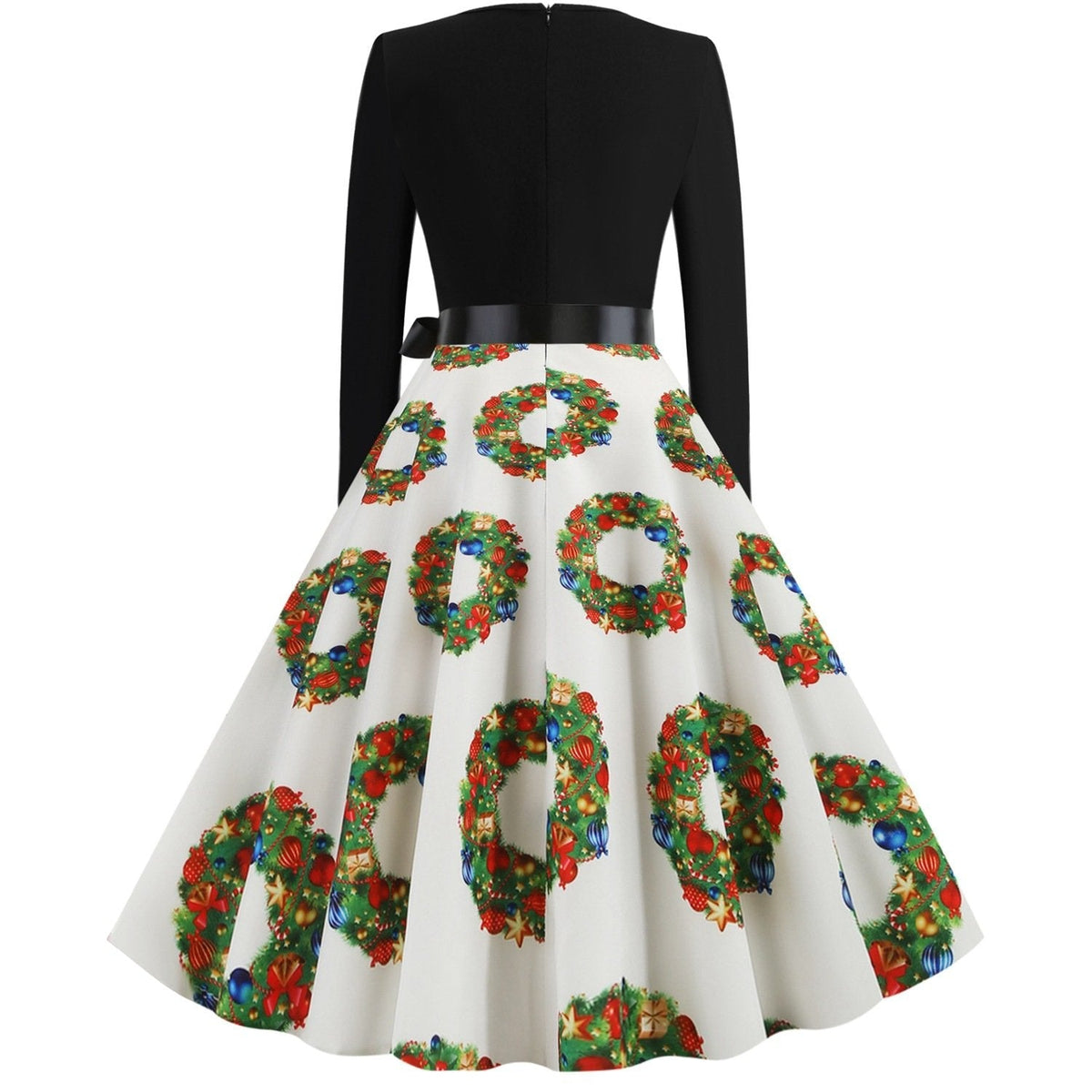 Women's Christmas swing dress with black bodice, bow belt and festive print